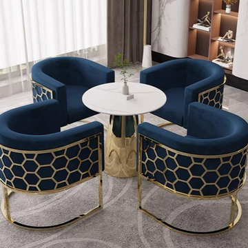 Modern Hexagonal Armchair: Deep Blue Velvet & Gold-Frame
