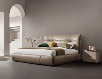 Modern Queen Size Bed & Nightstand Set - Leather Upholstered Bed with Tufted Headboard