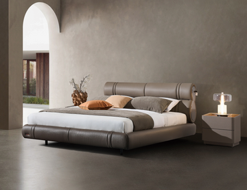 Modern Queen Size Bed & Nightstand Set - Leather Upholstered Bed with Storage