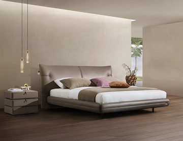 Modern King Size Bed & Nightstand Set - Leather Upholstered Bedroom Furniture