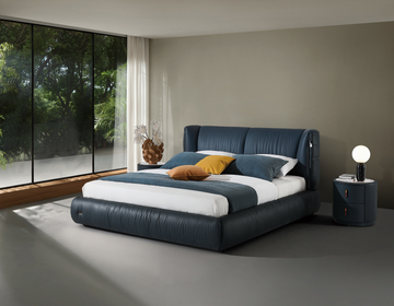 Modern Queen Size Leather Bed & Nightstand Set - Dark Blue Tufted Headboard (2320×2000×1100mm)