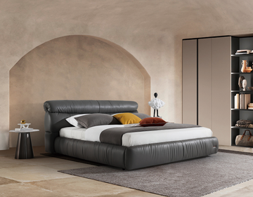 Modern Queen Size Bed & Nightstand Set - Charcoal Gray Leatherette Upholstered Bedroom Furniture