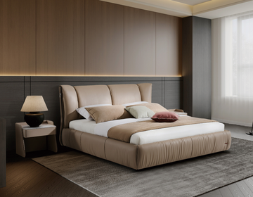Modern Queen Size Bed & Nightstand Set - Beige Tufted Leather Bedroom Furniture