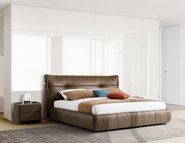 Modern King Size Bed & Nightstand Set - Brown Leather Upholstered Bedroom Furniture