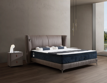 Modern Queen Size Bed - Navy Blue Mattress with Tan Leather Headboard (2200×2250×1170mm)