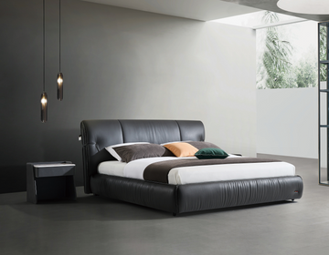 Modern King Size Bed & Nightstand Set - Black Leather Upholstered Bedroom Furniture