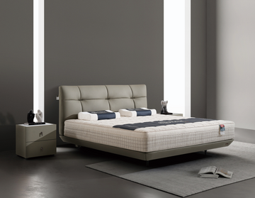 Modern Queen Size Bed & Nightstand Set - Gray Faux Leather Upholstered Bedroom Furniture