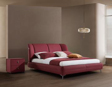 Modern Queen Size Bed & Nightstand Set - Burgundy Upholstered Bedroom Furniture