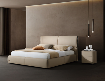 Modern Queen Size Bed & Nightstand Set - Beige Leather Upholstered Bedroom Furniture