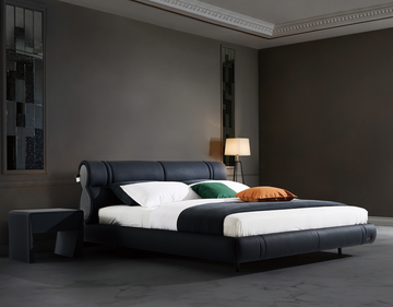 Modern Queen Size Bed & Nightstand Set - Black Leather Upholstered Bedroom Furniture