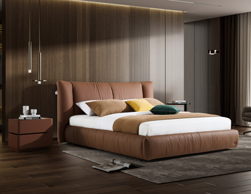 Modern Queen Size Bed & Nightstand Set - Brown Leather Upholstered Bedroom Furniture