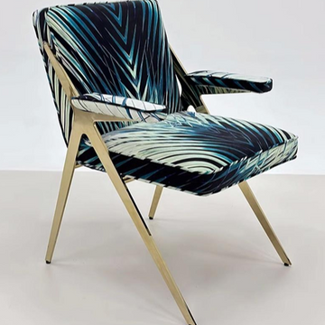 Geometric Armchair Majesty: Brushed Steel & Solid Wood with Indigo Fabric