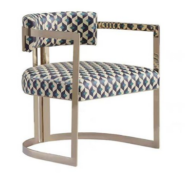 Modern Geometric Armchair - Stainless Steel Frame & Blue Pattern Upholstery