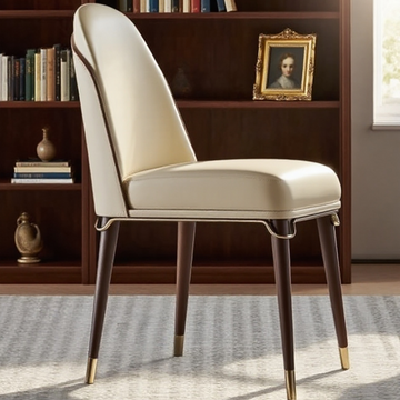 Classic Solid Wood Dining Chair: Cream Leather & Gold-Tipped Legs
