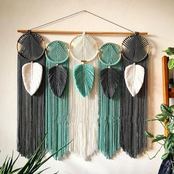 Handmade Leaf Hanging Wall with Macrame Fringe Art Wall Decor for Home Wall Living Room Bathroom Office
