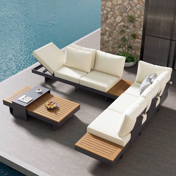 Outdoor sofa corner teak aluminum alloy tea table courtyard leisure villa hotel antiseptic wood combination open-air furniture