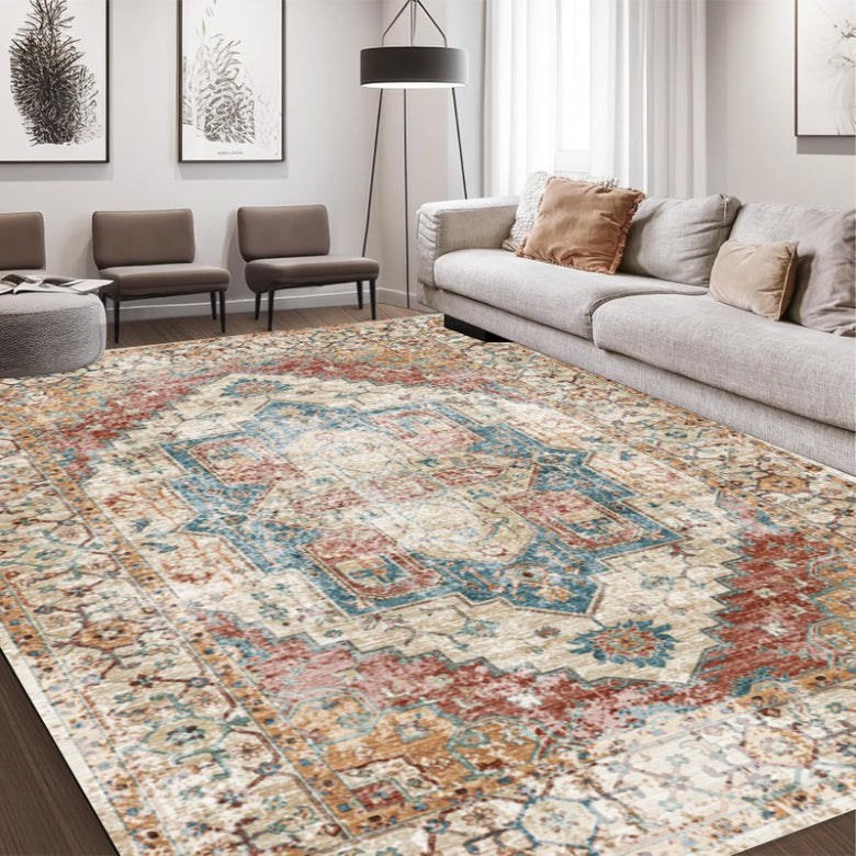 European and American abstract retro printing living room carpet, high penetration short hair foldable washed non-slip floor mat bedroom bed