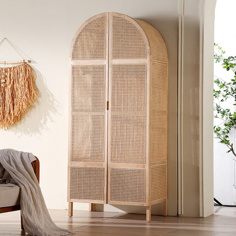 Solid wood rattan wardrobe simple household ash wood double door wardrobe Nordic bedroom storage cabinet locker