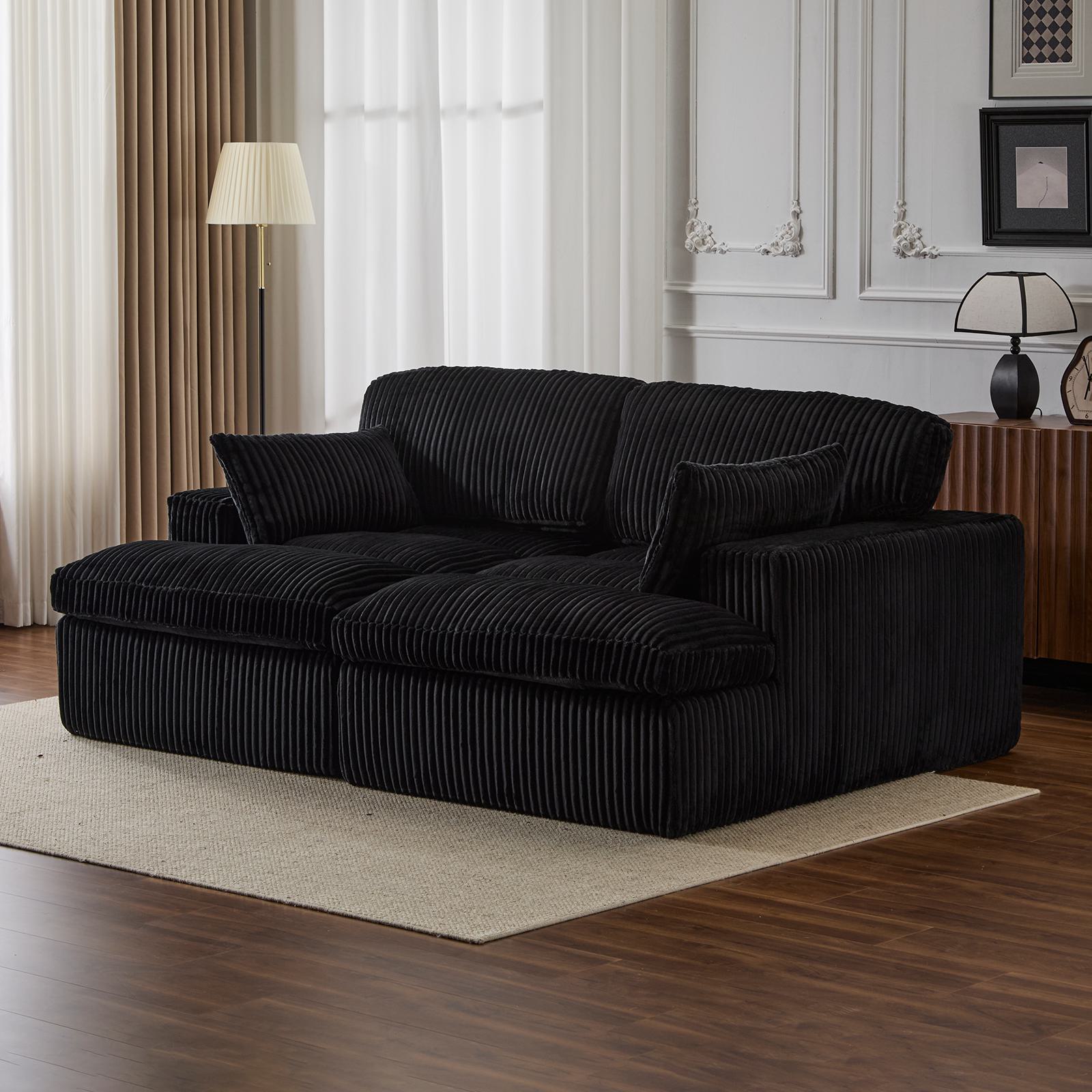 Deep Seat Sofa Double Chaise Lounge Chair with Corduroy Fabric, Compressed Sofa Sectional Loveseat for Apartments, 82.5'' L x 57'' W x 23.5'' H, Grey