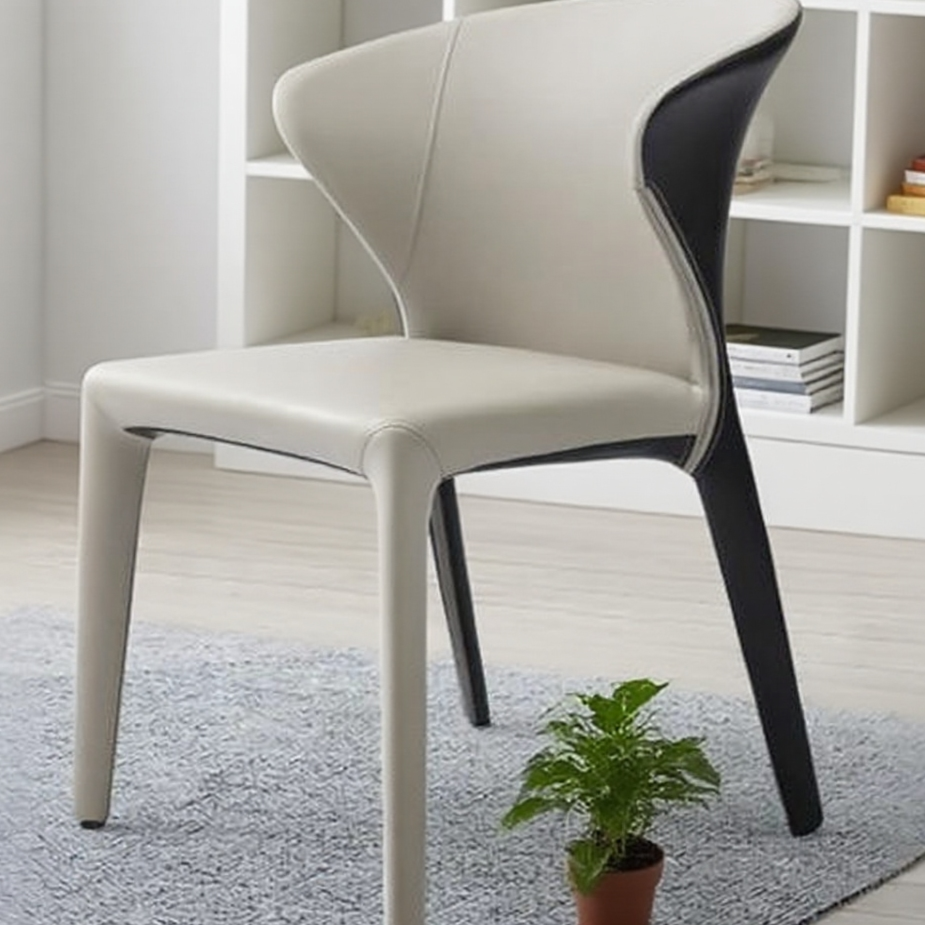 Modern Curved Dining Chair - Beige & Black Faux Leather with Lumbar Support