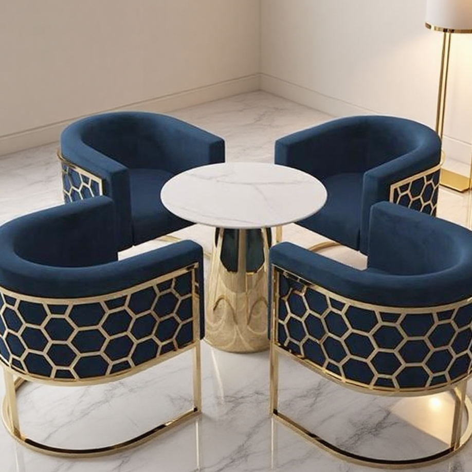 Modern Hexagonal Armchair: Deep Blue Velvet & Gold-Frame