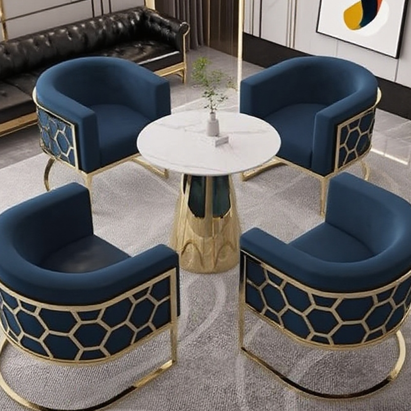 Modern Hexagonal Armchair: Deep Blue Velvet & Gold-Frame