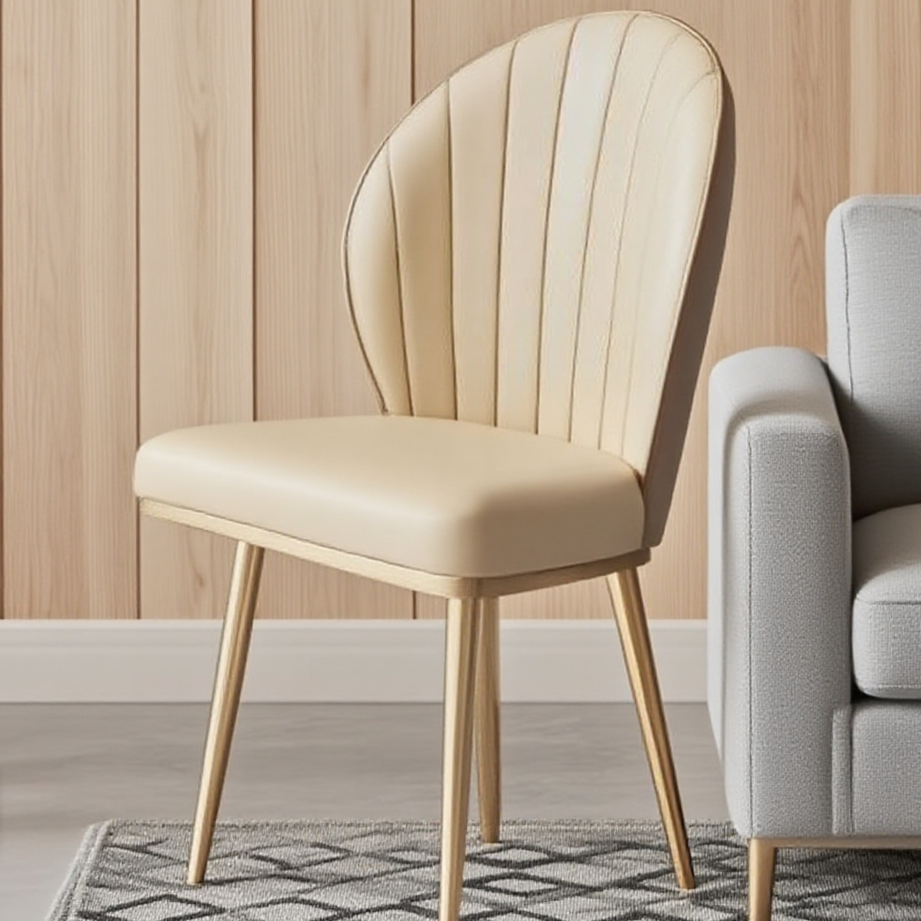 Elegant Fan-Pleated Dining Chair - Brushed Stainless Steel Legs & Beige Upholstery