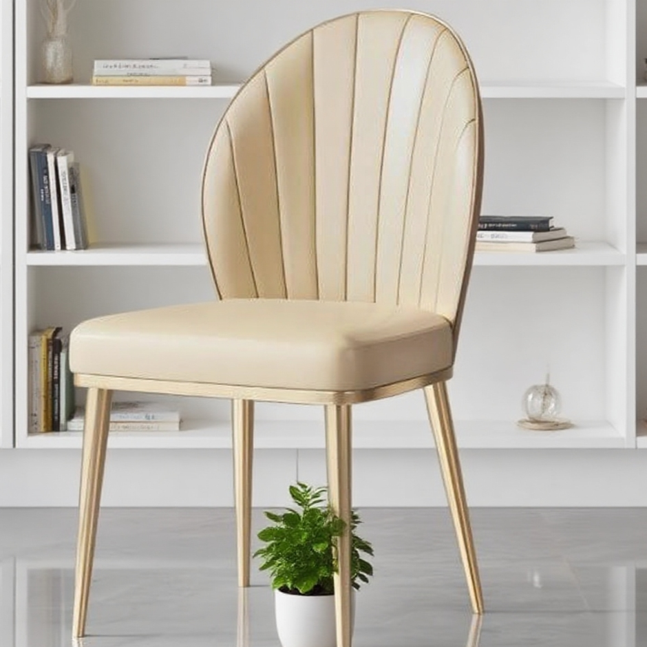 Elegant Fan-Pleated Dining Chair - Brushed Stainless Steel Legs & Beige Upholstery