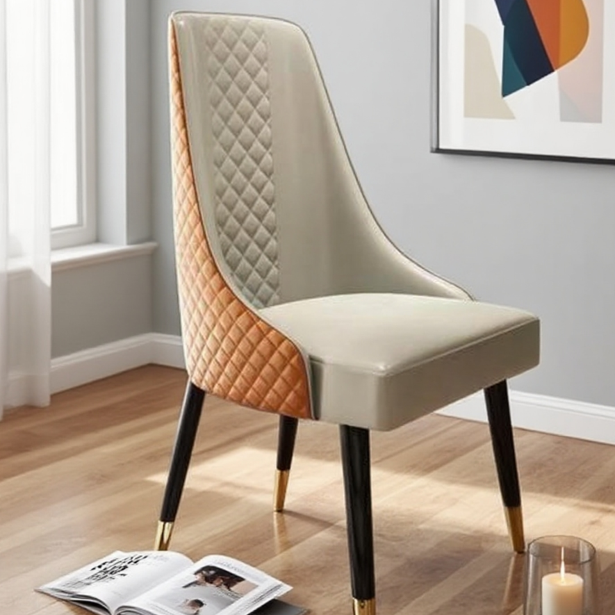 Luxury Dining Chair: Quilted Orange Leather & Gold-Tipped Steel Legs