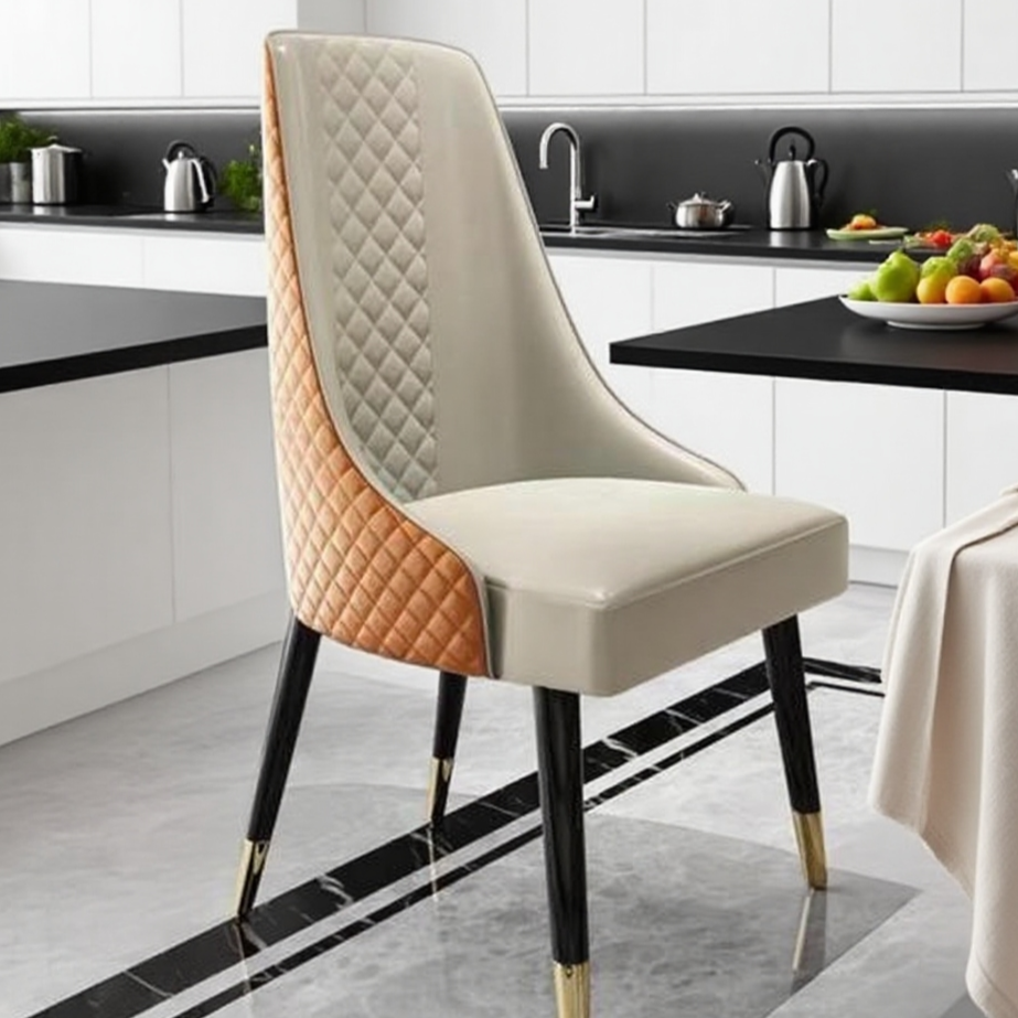 Luxury Dining Chair: Quilted Orange Leather & Gold-Tipped Steel Legs