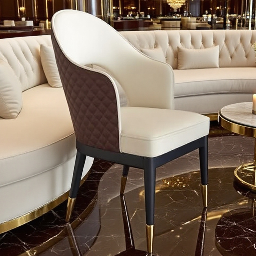 Elegant Modern Dining Chair: Dual-Tone Leather & Gold-Tipped Wood Legs