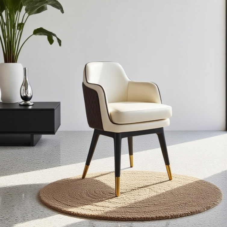 Elegant Dual-Tone Armchair: Beige & Brown Leatherette with Gold-Tipped Legs
