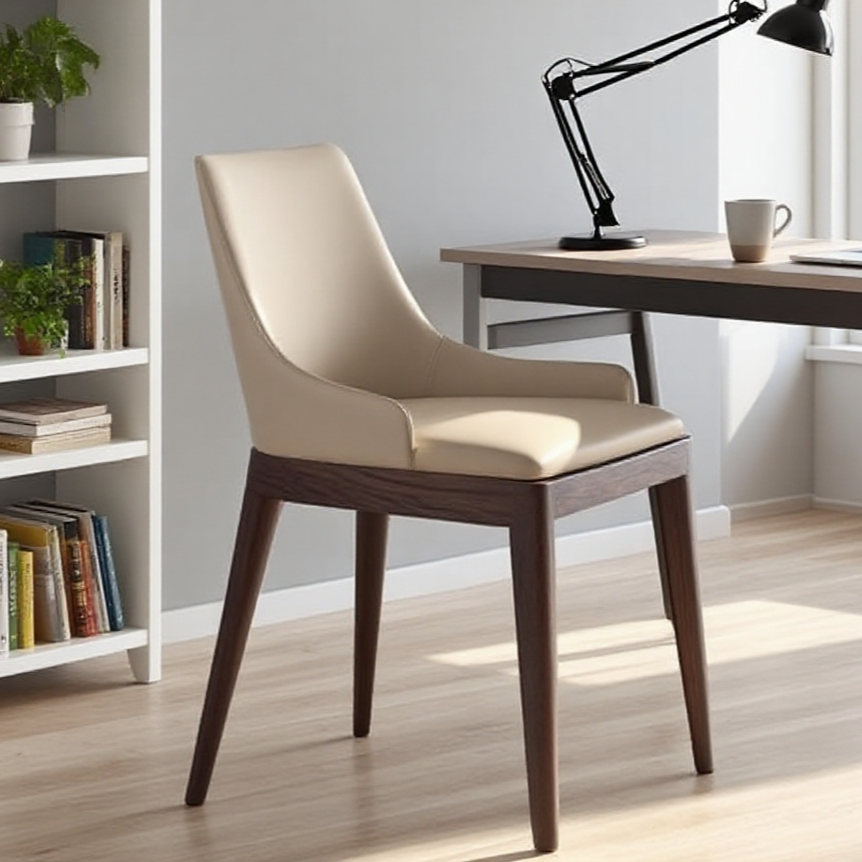 Elegant Beige Leather Dining Chair - Solid Wood Frame & Modern Minimalist Design