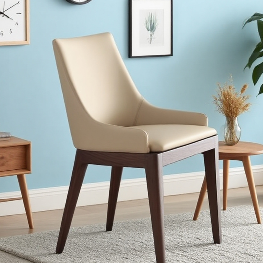 Elegant Beige Leather Dining Chair - Solid Wood Frame & Modern Minimalist Design