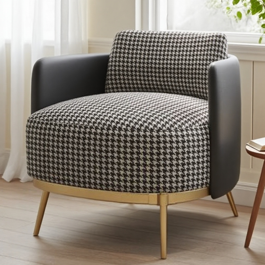 Modern Armchair: Black-White Houndstooth & Gold-Frame Stainless Steel Base
