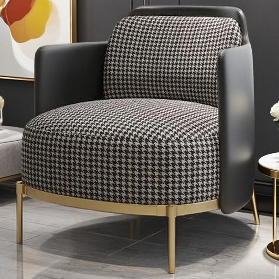 Modern Armchair: Black-White Houndstooth & Gold-Frame Stainless Steel Base