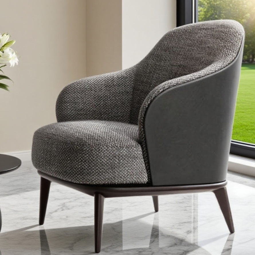 Modern Herringbone Armchair - Gray Fabric & Black Leather Accents