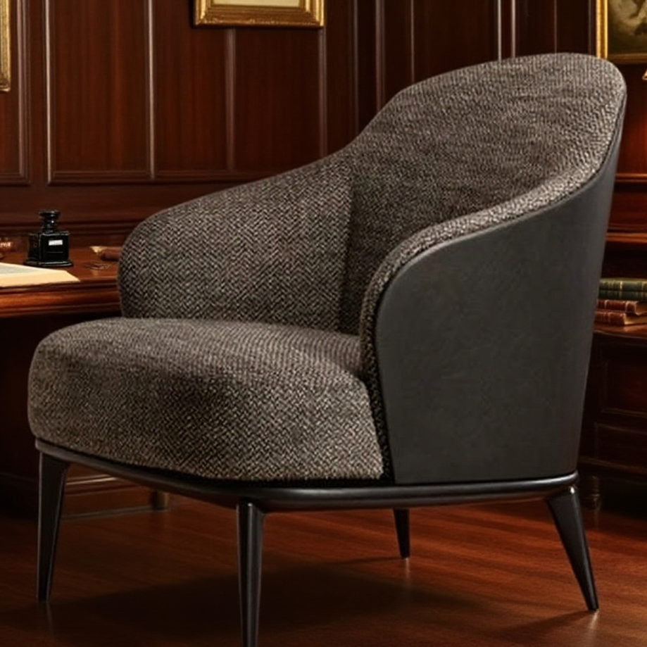 Modern Herringbone Armchair - Gray Fabric & Black Leather Accents