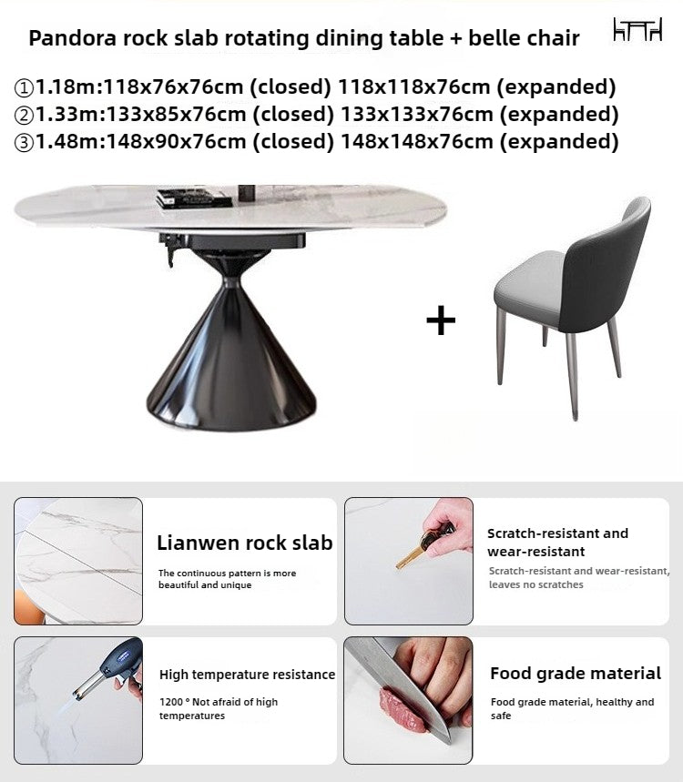 Italian light luxury rotating rock slab dining table household small apartment square and round dual-purpose retractable folding dining table and chair combination