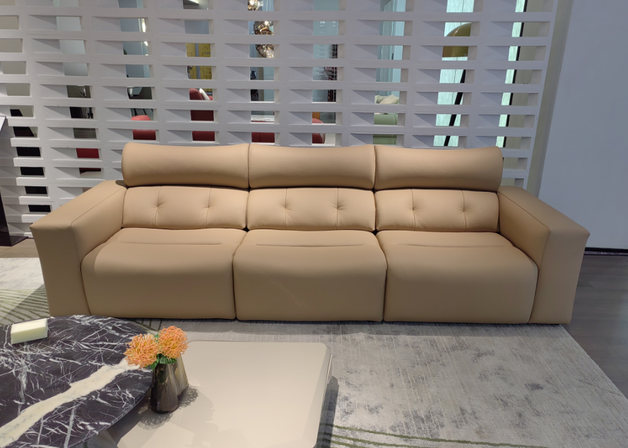 Modern Beige Fabric Sofa - Button-Tufted Back & Square Armrests