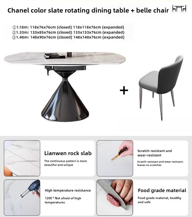 Italian light luxury rotating rock slab dining table household small apartment square and round dual-purpose retractable folding dining table and chair combination