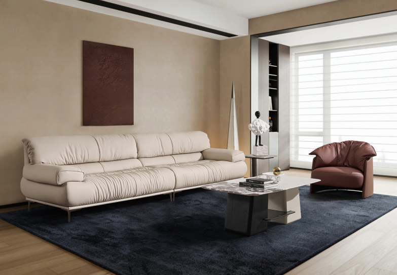Modern Sofa and Armchair Set - Beige 3-Seater with Brown Accent Chair