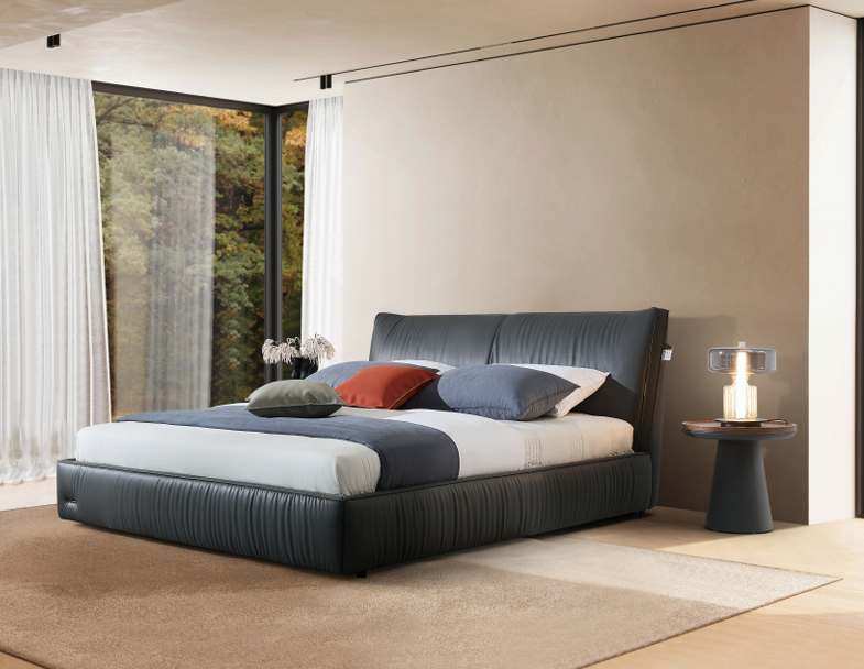 Modern Queen Size Bed & Nightstand Set - Dark Upholstered Bedroom Furniture