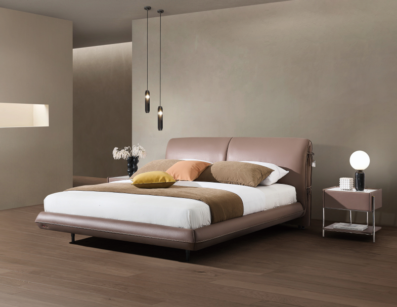 Modern Queen Size Bed & Nightstand Set - Soft Brown Upholstered Bedroom Furniture