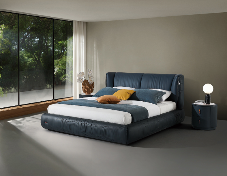 Modern Queen Size Leather Bed & Nightstand Set - Dark Blue Tufted Headboard (2320×2000×1100mm)