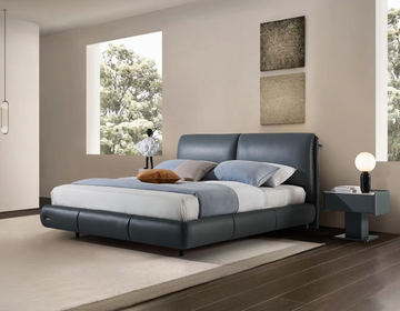 Modern King Size Leather Bed & Nightstand Set - Blue Tufted Headboard (2200×2020×1080mm)