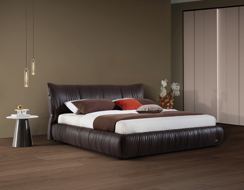 Modern Queen Size Bed & Nightstand Set - Brown Upholstered Bedroom Furniture