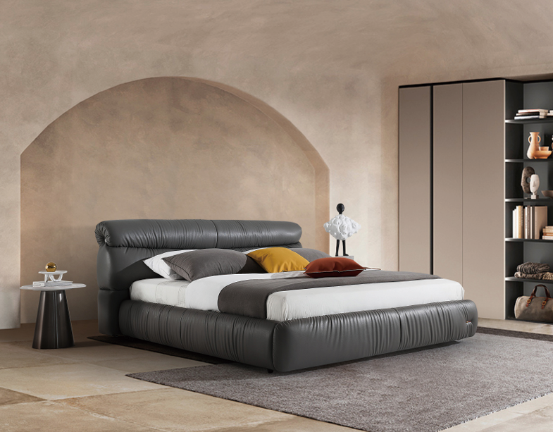 Modern Queen Size Bed & Nightstand Set - Charcoal Gray Leatherette Upholstered Bedroom Furniture