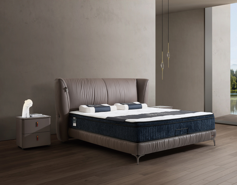 Modern Queen Size Bed - Navy Blue Mattress with Tan Leather Headboard (2200×2250×1170mm)