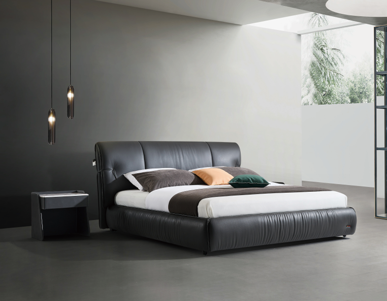 Modern King Size Bed & Nightstand Set - Black Leather Upholstered Bedroom Furniture